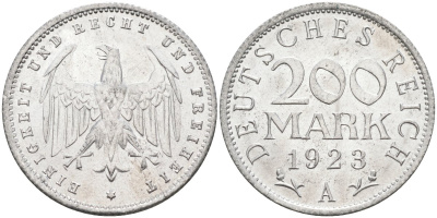Германия 200 марок 1923 A KM 35, J. 304, Weege 22 алюминий UNC 4586-315