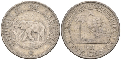 Либерия 5 центов 1961 KM 14 медно-никель 4588-426