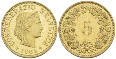 ШВЕЙЦАРИЯ 5 РАППЕНОВ 1984 KM 26c алюминий латунь 4532-856