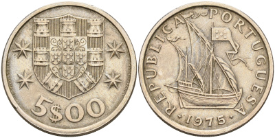 Португалия 5 эскудо 1975 парусник KM 591 медно-никель    4161-756