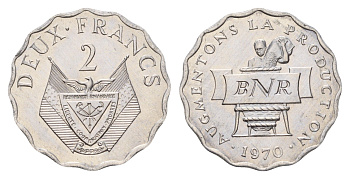 Руанда 2 франка 1970 ФАО, год-тип KM 10 алюминий UNC 3336-1156