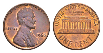 США 1 цент 1965 Авраам Линкольн KM 201 медь цинк  aUNC  4640-363