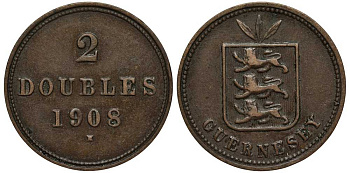 Гернси 2 дабла (дубля) 1908 H KM 9 бронза 650-622