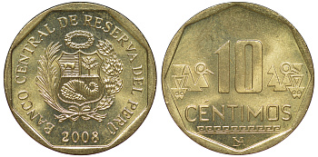 Перу 10 сентимо 2008 KM 305.4 латунь aUNC 4605-541