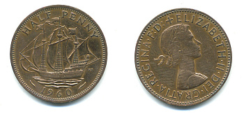 Великобритания 1/2 пенни 1960 Елизавета II (1952-2022) KM 896, Spink 4158 бронза 59-842