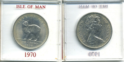 Остров Мэн 1 крона 1970 кошка Мэна, в оригинальной пластиковой коробке KM 18 медно-никель UNC 6-6-1-24