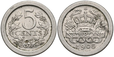 НИДЕРЛАНДЫ 5 ЦЕНТОВ 1908 ВИЛЬГЕЛЬМИНА I (1890-1948) KM 137 медно-никель XF 4549-1034