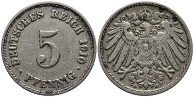 Германия 5 пфеннигов 1910 G KM 11, Jager 12, Weege 6 медно-никель 4547-519