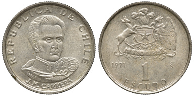 Чили 1 эскудо 1971 Хосе Мигель Каррера KM 197 медно-никель 4118-243