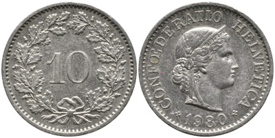 Швейцария 10 раппенов 1980 KM 27 медно-никель 4539-522
