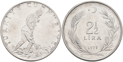 Турция 2 1/2 лиры 1978 KM 893.2 нержавеющая сталь 4574-1116