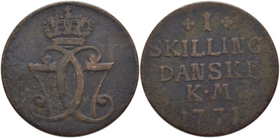 ДАНИЯ 1 СКИЛЛИНГ 1771 КМ, КРИСТИАН VII (1766-1808) KM 616 (С47) медь 97-1124