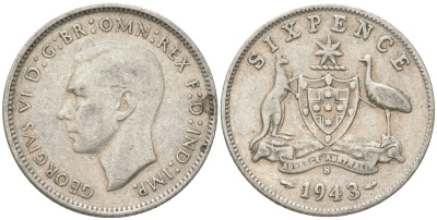 Австралия 6 пенсов 1943 S, Георг V (1936-1952) KM 38 серебро 4623-235