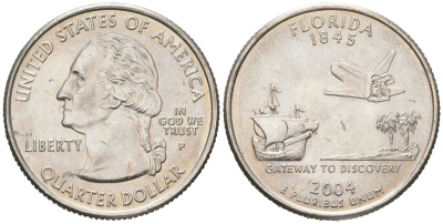 США 25 центов = квотер = 1/4 доллара 2004 P, квотер штата Флорида KM 356 медь плакированная медно-никелем UNC 183-317