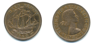 Великобритания 1/2 пенни 1960 Елизавета II (1952-2022) KM 896, Spink 4158 бронза 59-842