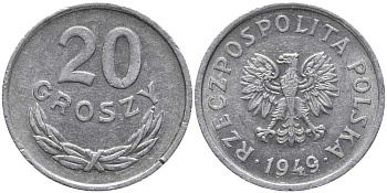 Польша 20 грошей 1949 KM 43а, Parchimowicz 207b алюминий 116-643