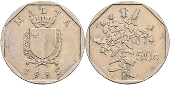 Мальта 50 центов 1995 девясил KM 98 медно-никель 92-343