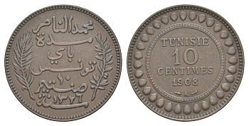 Тунис 10 сантимов 1908 A KM 236 бронза 4634-843