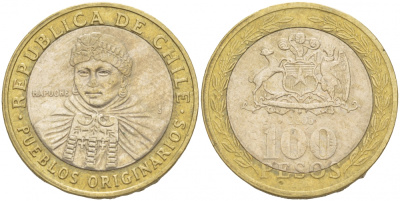 Чили 100 песо 2008 индейцы Мапуче KM 236 биметалл 4541-124