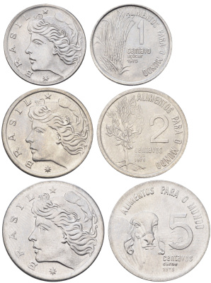 Бразилия набор из 3 монет (1, 2 и 5 сентаво) 1975 ФАО KM 585, 586 и 587.2 нержавеющая сталь UNC 4668-1114-1116