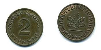 ФРГ 2 пфеннига 1965 J KM 106, J.381 бронза 3999-1119
