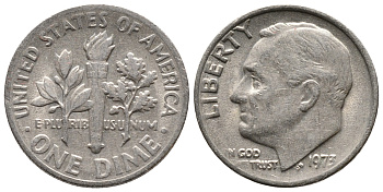 США 10 ЦЕНТОВ = 1 ДАЙМ 1973 РУЗВЕЛЬТ KM 195а медь плакированная медно-никелем 73-248