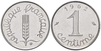 ФРАНЦИЯ 1 САНТИМ 1962 KM 928, LE FRANC 106.4 нержавеющая сталь 218-125