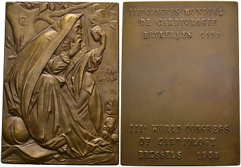 Франция плакетка 1958 Третий Всемирный Конгресс кардиологов в Брюсселе, размер 70,5 Х 50 мм., медальер Jul Dillens бронза 01-142-22-3