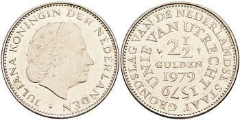 Нидерланды 2 1/2 гульдена 1979 400 лет Утрехтскому союзу, Юлиана (1949-1980) KM 197 никель 4587-1013