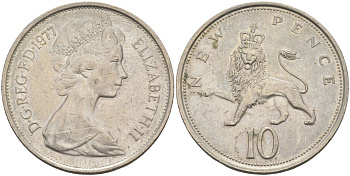 Великобритания 10 пенсов 1977 Елизавета II (1952-2022) KM 912, Spink 4231 (F1) медно-никель 4117-931