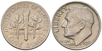 США 10 центов (дайм) 1976 президент Рузвельт KM 195a медь плкированный медно-никелем 4549-966