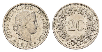 Швейцария 20 раппенов 1974 B KM 29a медно-никель 187-539