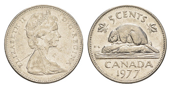 Канада 5 центов 1977 Елизавета II (1952-2022), бобр KM 60.1 никель 4639-466