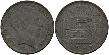 Бельгия 5 франков 1943 DES BELGES, Леопольд III (1934-1947) KM 130 цинк 4161-936