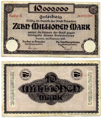 ДРЕЗДЕН 10000000 марок (10 миллионов) 1923 12 сентября 1923, REIHE B, нотгельд, земля Саксония Keller 1072e бумага 2193-28-2-1