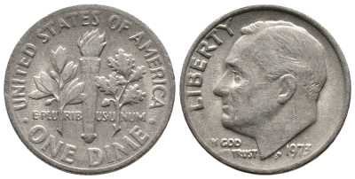 США 10 ЦЕНТОВ = 1 ДАЙМ 1973 РУЗВЕЛЬТ KM 195а медь плакированная медно-никелем 73-248