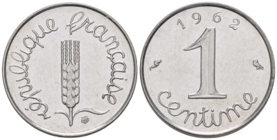 ФРАНЦИЯ 1 САНТИМ 1962 KM 928, LE FRANC 106.4 нержавеющая сталь 218-125