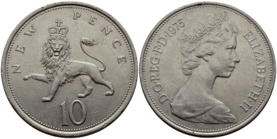 Великобритания 10 пенсов 1975 Елизавета II (1952-2022) KM 912, Spink 4231 (F1) медно-никель 51-2832