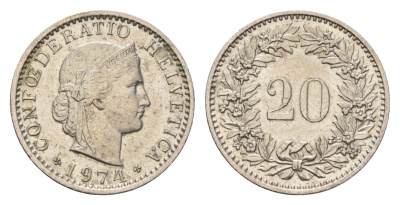 Швейцария 20 раппенов 1974 B KM 29a медно-никель 187-539