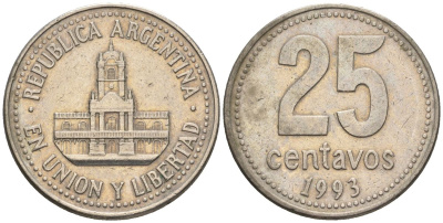 Аргентина 25 сентаво 1993 ратуша Буэнос-Айреса KM 110a, CJ 4.2.4, Schon 111a медно-никель    60-422