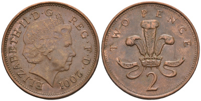 Великобритания 2 пенса 2001 Елизавета II (1952-2022) KM 987, Spink 4690 (C5) сталь плакированная медью 177-744