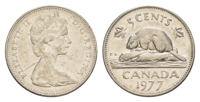 Канада 5 центов 1977 Елизавета II (1952-2022), бобр KM 60.1 никель 4639-466