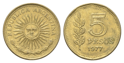 Аргентина 5 песо 1977 KM 71 алюминиевая бронза aUNC 4662-734