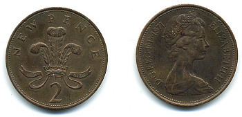 Великобритания 2 пенса 1971 Елизавета II (1952-2022) КМ 916, Spink 4235 (C1) бронза 4110-543