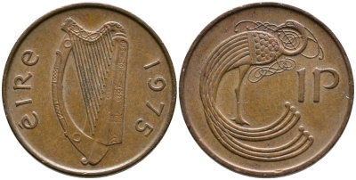 ИРЛАНДИЯ 1 ПЕННИ 1975 ПТИЧКА KM 20 бронза 4525-1117