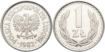 Польша 1 злотый 1982 MW, Народная Республика KM 49.1, Parchimowicz 213u алюминий UNC 4182-612