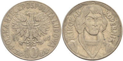ПОЛЬША 10 ЗЛОТЫХ 1969 MW, НИКОЛАЙ КОПЕРНИК KM 51а медно-никель 4542-741