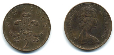 Великобритания 2 пенса 1971 Елизавета II (1952-2022) КМ 916, Spink 4235 (C1) бронза 4110-543