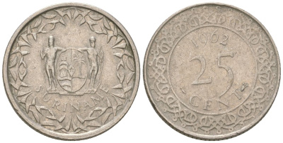 Суринам 25 центов 1962 KM 14 медно-никель 4611-826