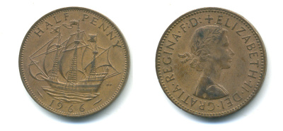 Великобритания 1/2 пенни 1966 Елизавета II (1952-2022) KM 896, Spink 4158 бронза 89-541